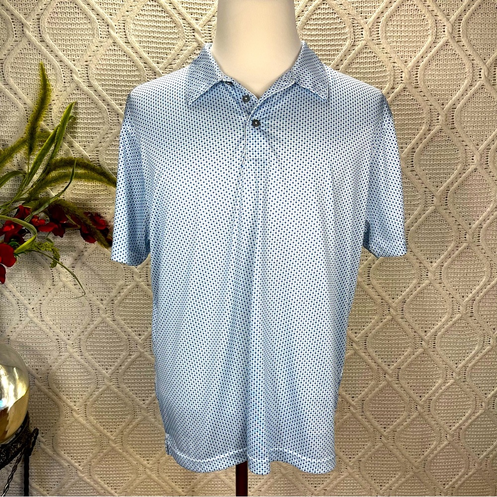 ETONIC | White & Blue Short Sleeve Diamond & Circles Patterned Golf Polo Shirt